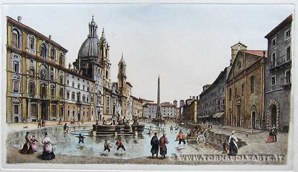 Roma, piazza Navona allagata. Incisione tratta da un dipinto (1699) di Gaspar van Wittel, detto Vanvitelli