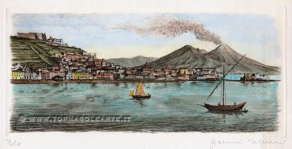 Riproduzione da una stampa antica di Napoli con Vesuvio vista dal mare