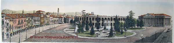 Verona. Veduta panoramica di piazza Bra acquerellata