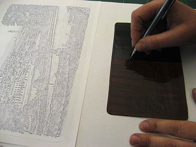 Drawing and carry-over of the sketch on the copper plate