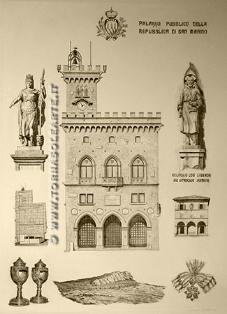 Palazzo Pubblico della Repubblica di San Marino con elementi caratteristici