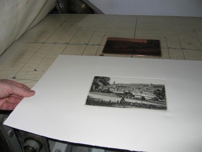 The finished black and white etching, ready for drying