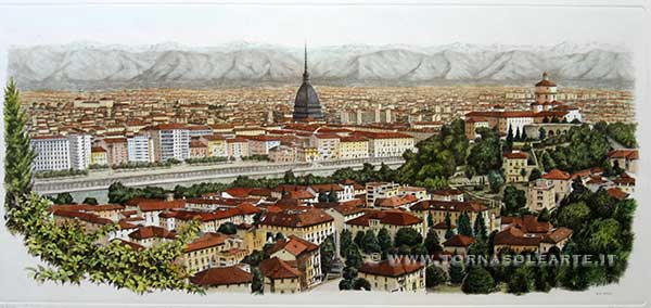 Torino. Veduta panoramica acquerellata